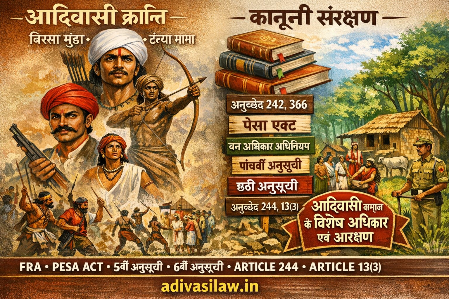 anuchhed 342 adivasi pahchan भगवान बिरसा मुंडा और टंट्या मामा के साथ एक आदिवासी युवक का चित्रण, जो अपने संवैधानिक ST (आदिवासी) प्रमाण पत्र और भारत के संविधान को दिखा रहा है। पोस्टर में अनुच्छेद 342-366 के तहत आदिवासियों के विशेष अधिकारों, जल-जंगल-जमीन के संघर्ष और संवैधानिक सुरक्षा का संदेश दिया गया है।"