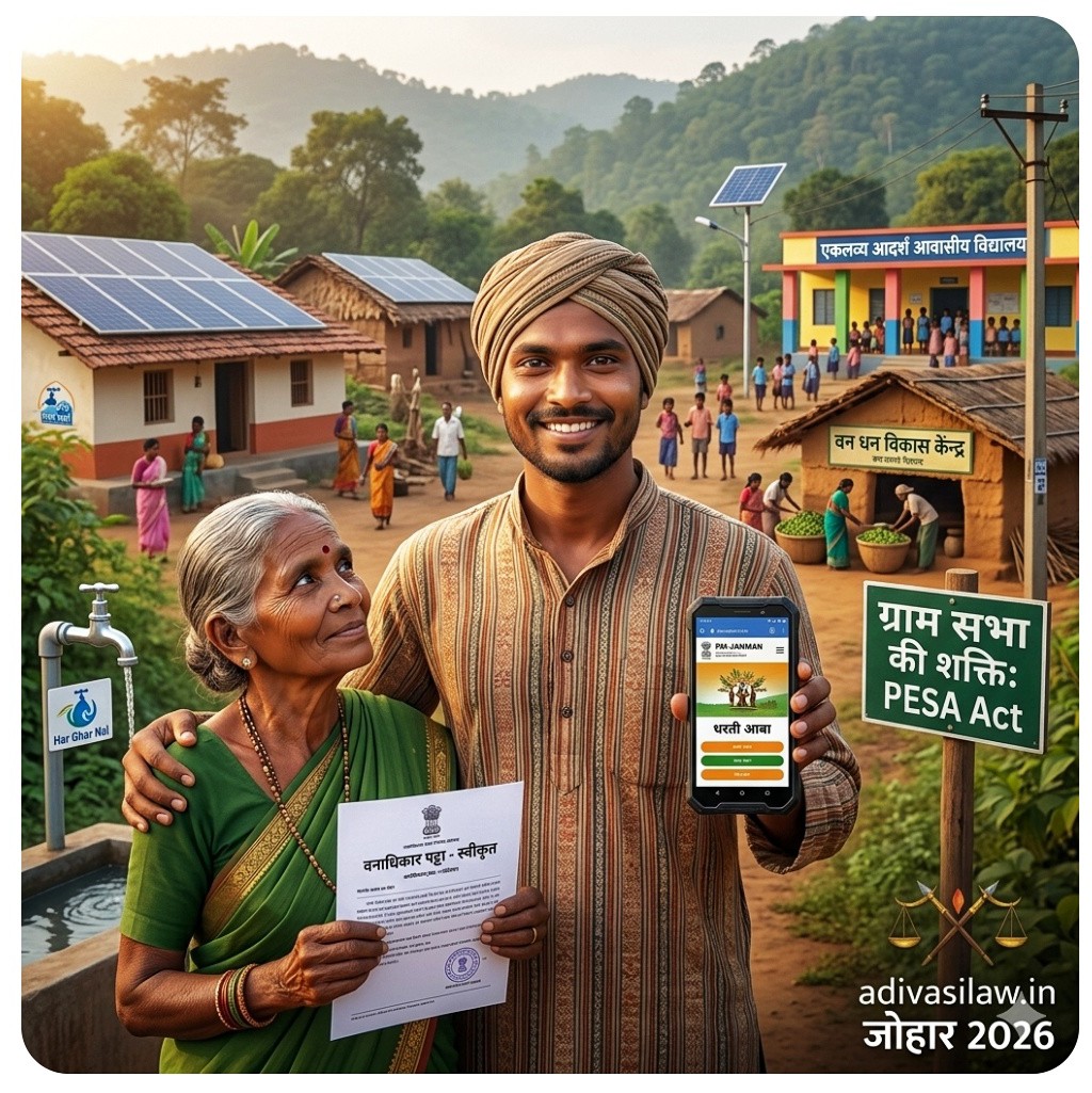 आदिवासी सरकारी योजना 2026 पीएम जनमन और धरती आबा अभियान का लाभ समझाते हुए एक युवा और बुजुर्ग महिला।