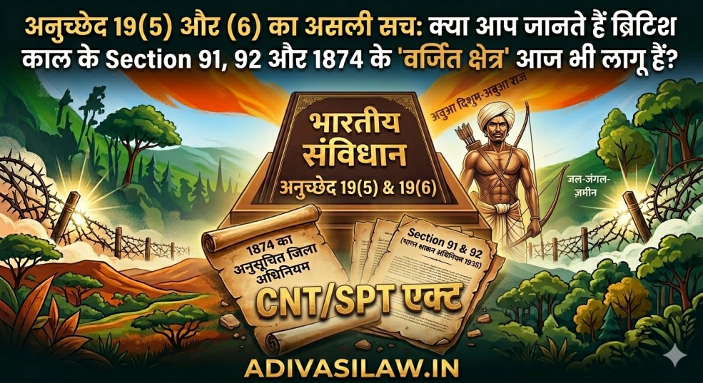 ​"भगवान बिरसा मुंडा की फोटो के साथ अनुच्छेद 19(5) और (6), Section 91-92, और CNT/SPT एक्ट का संवैधानिक पोस्टर - ADIVASILAW.IN"
