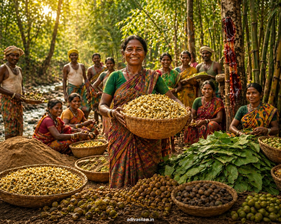आदिवासी महिला जंगल से महुआ और लघु वनोपज इकट्ठा करती हुई, आदिवासी वन अधिकार लघु वनोपज सूची