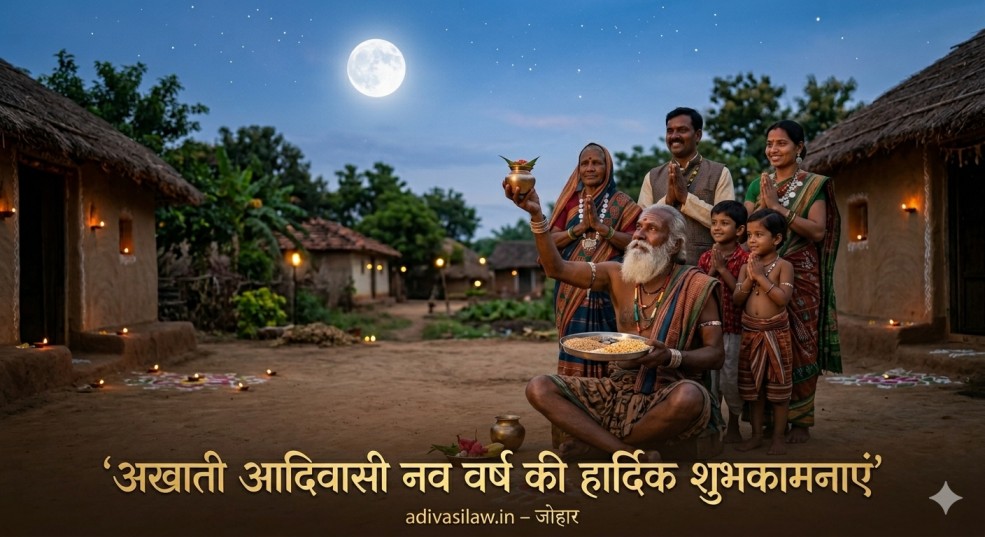 अखाती आदिवासी नव वर्ष पर चांद को अनाज और पानी समर्पित करता आदिवासी परिवार