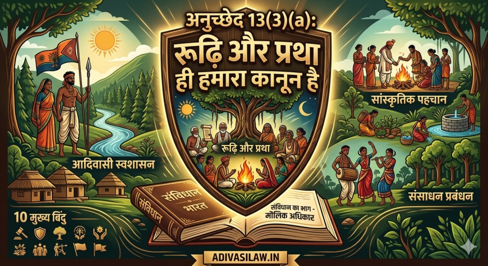 अनुच्छेद 13(3)(a) के तहत आदिवासी रूढ़ि और प्रथा कानून को दर्शाता संवैधानिक चित्र, जिसमें ग्राम सभा और आदिवासी स्वशासन की झलक है।