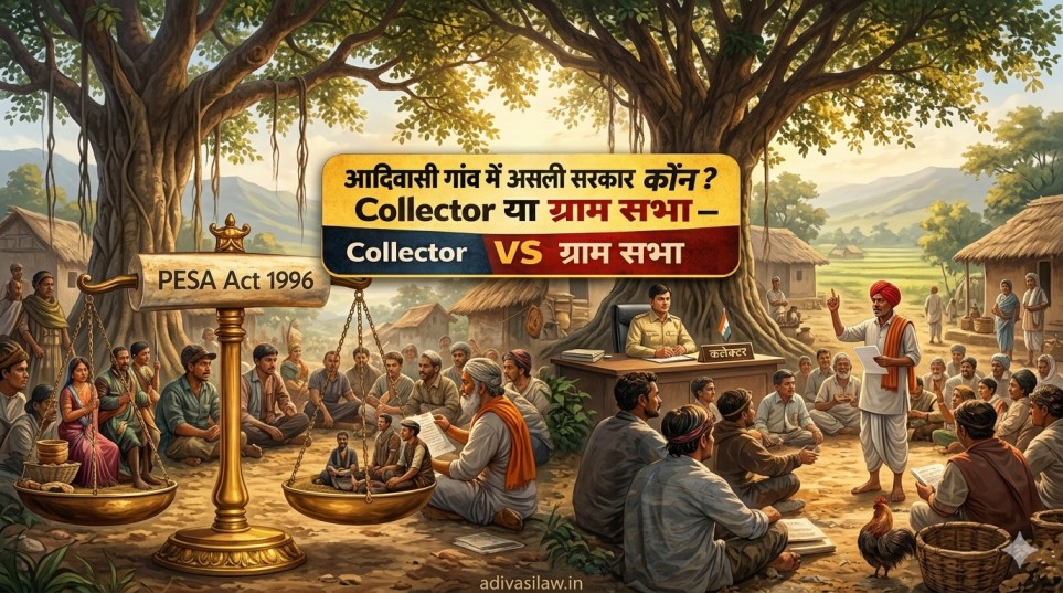 आदिवासी गांव में ग्राम सभा की बैठक चल रही है जहां लोग मिलकर फैसले ले रहे हैं