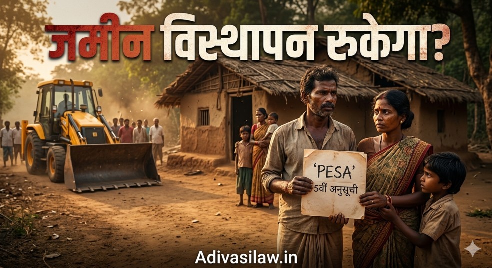 मूल मलिक कौन?है जमीन विस्थापन – आदिवासी परिवार अपनी जमीन से बेदखल होते हुए, पीछे बुलडोजर रुका हुआ