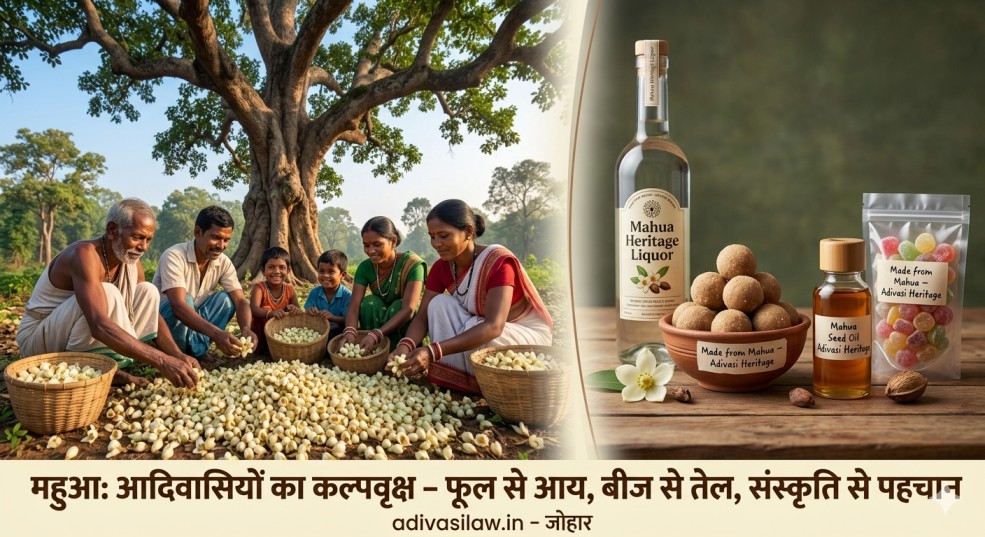 महुआ कल्पवृक्ष आदिवासी आय – परिवार महुआ फूल बीनता हुआ और महुआ से बने उत्पाद लड्डू, तेल, हेरिटेज लिकर